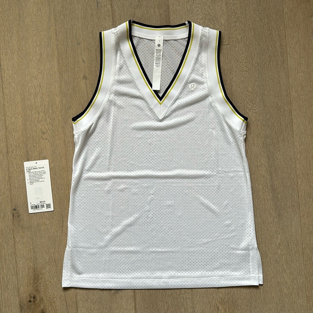 lululemon athletica White Mesh V-Neck Tank with Black and Yellow Trim